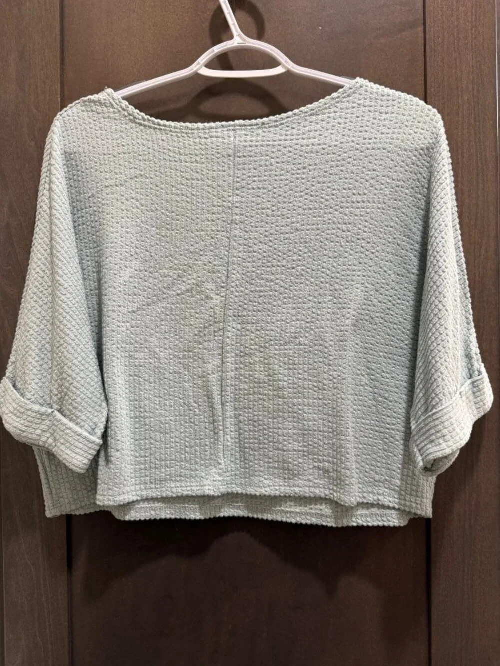 Caution to the Winds Waffle Knit Cropped Shirt with Rolled Sleeves Light Green - Picture 2 of 3